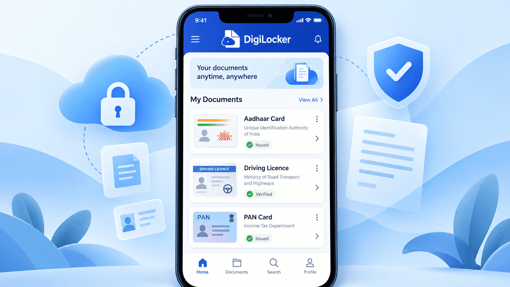 DigiLocker mobile app home screen showing saved Aadhaar card and driving licence documents