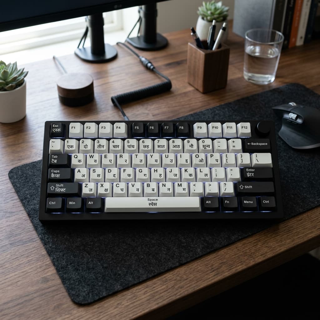 AMS font keyboard layout with English letters mapped to Hindi Devanagari characters