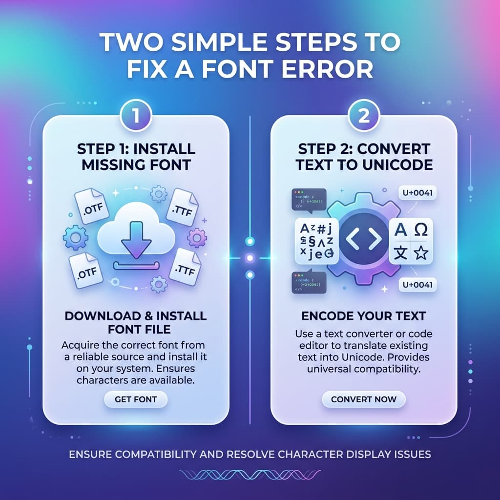 Two step fix for garbled Bamini text showing font installation and Unicode conversion options