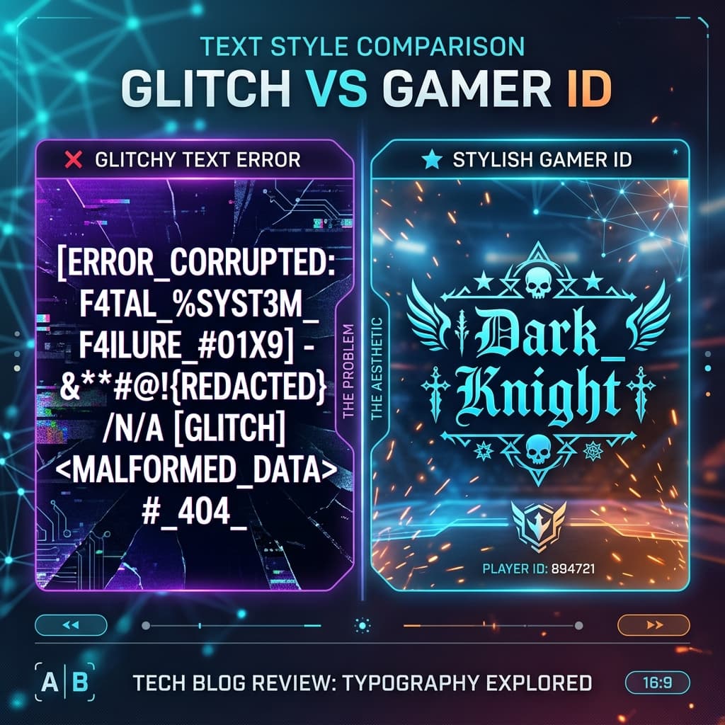 Garbled Bamini font text compared visually to a stylish PUBG gaming username