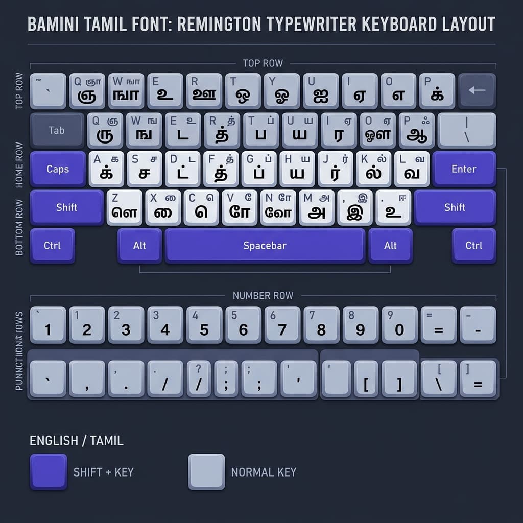 Bamini Tamil font keyboard layout chart showing Tamil characters mapped to English keyboard keys