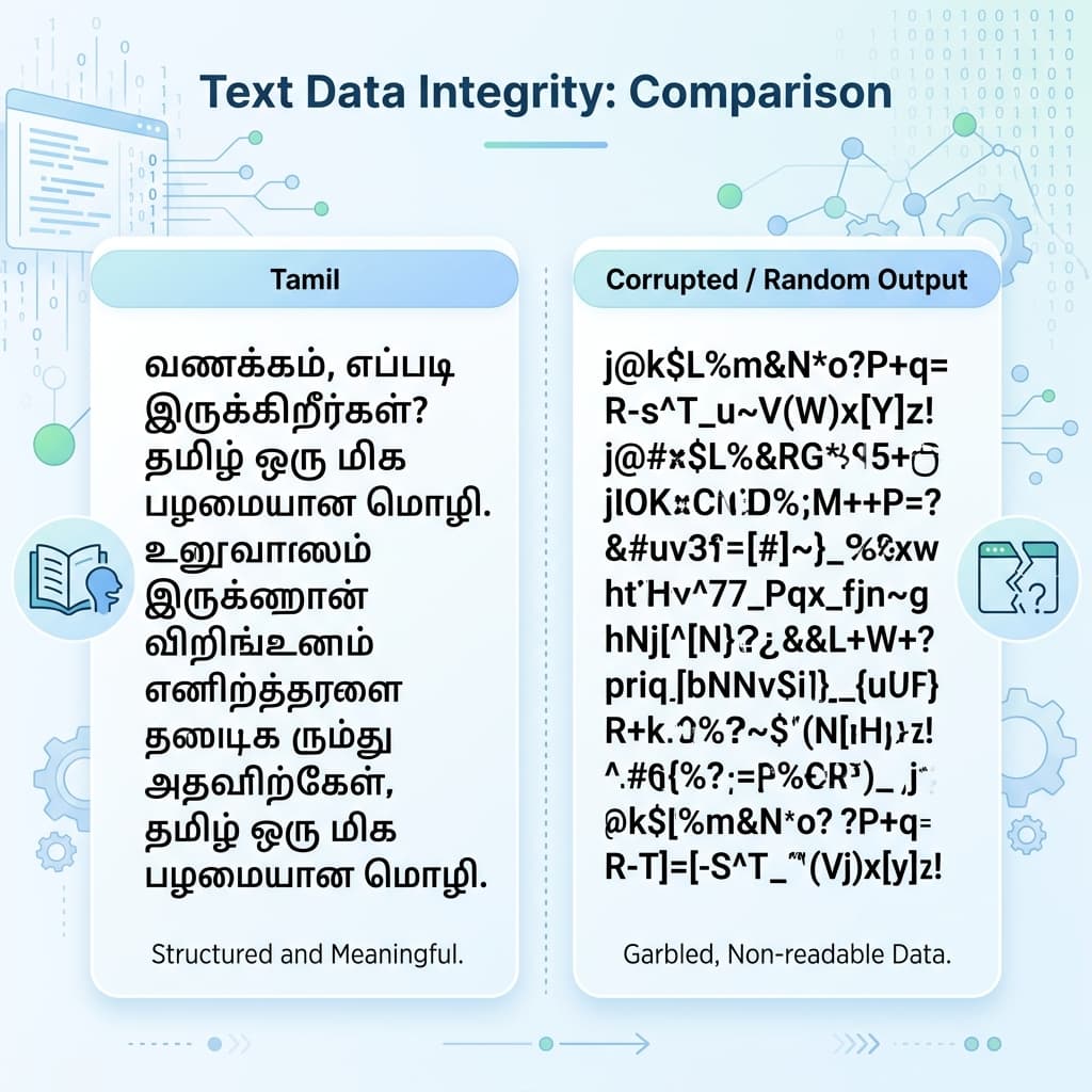 Bamini Tamil text shown correctly with font applied versus garbled symbols without the font