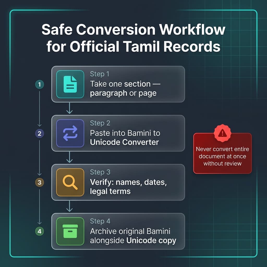 Workflow diagram for converting official Tamil records from Bamini to Unicode with verification steps