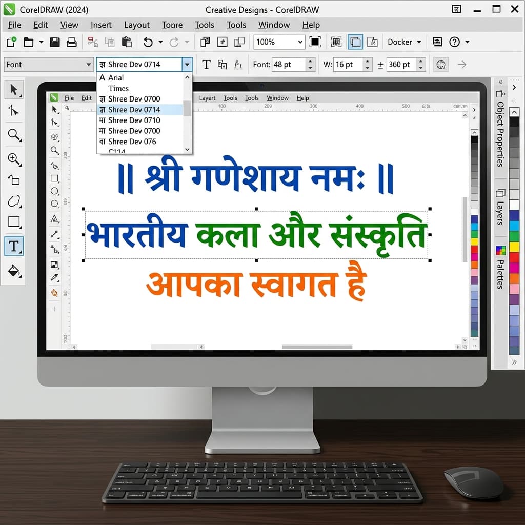 Hindi text typed correctly in CorelDraw using Shree Dev 0714 Shree Lipi font