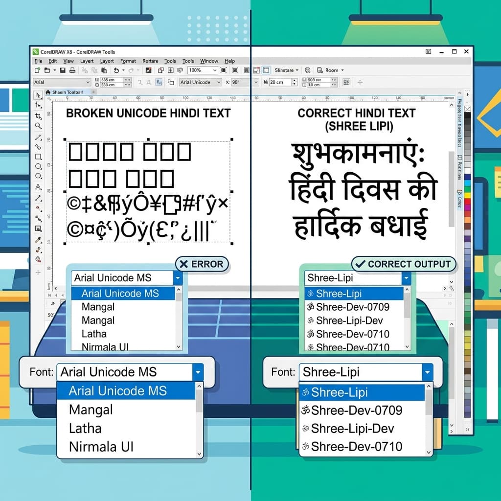 Broken Unicode Hindi text in CorelDraw vs correct Shree Lipi output