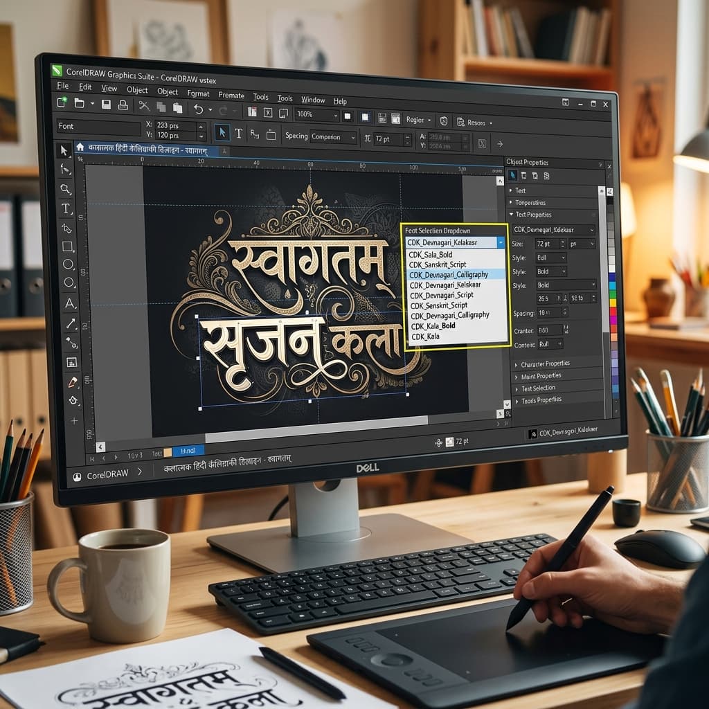 Applying AMS Hindi calligraphy fonts in CorelDRAW layout