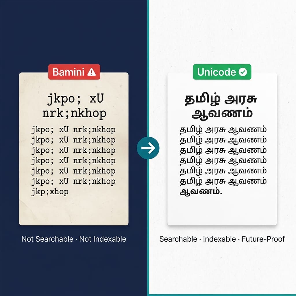 Government Tamil record shown in original Bamini font next to converted Unicode Tamil version
