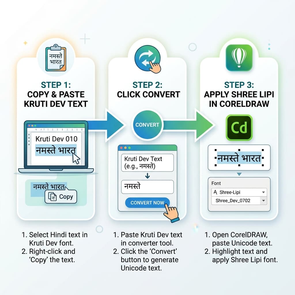 Workflow diagram for converting Kruti Dev font text to Shree Lipi format for CorelDraw and PageMaker