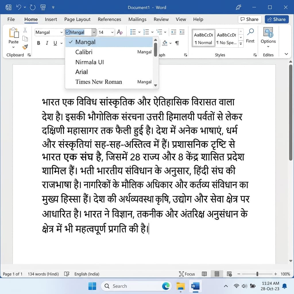 Mangal Unicode font selected in MS Word for Hindi typing practice setup