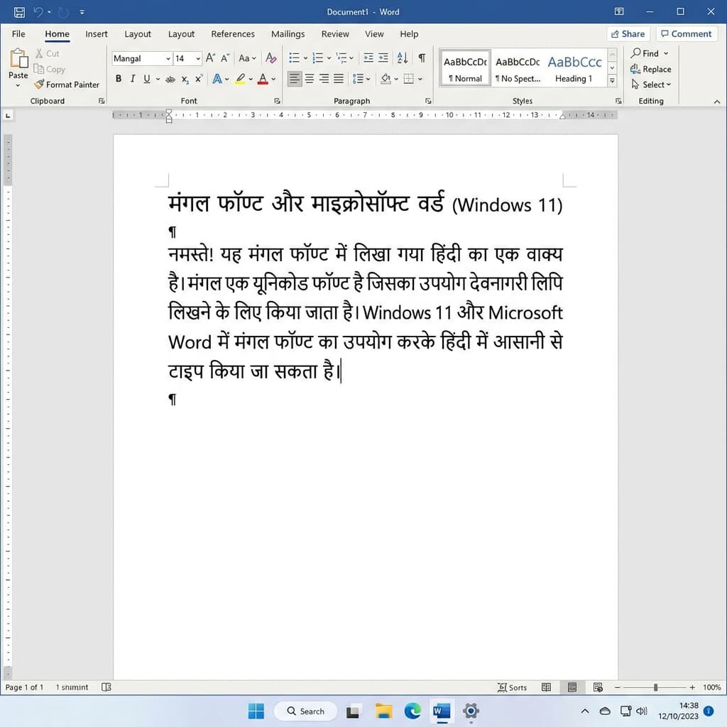 Mangal Unicode Hindi font displayed in Microsoft Word on Windows 11