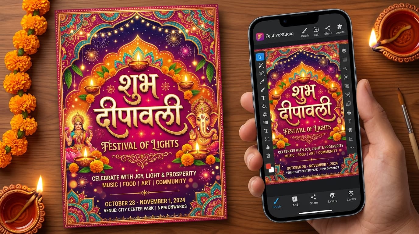 Festival poster design made in PixelLab using stylish Tamil or Marathi text