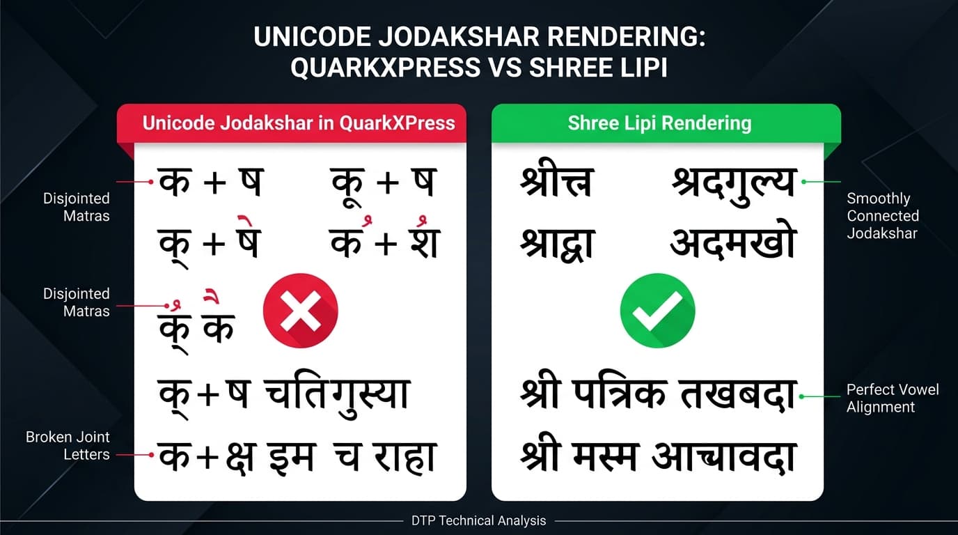 Comparison showing broken Unicode Jodakshar in QuarkXPress versus correctly formed Shree Lipi conjunct
