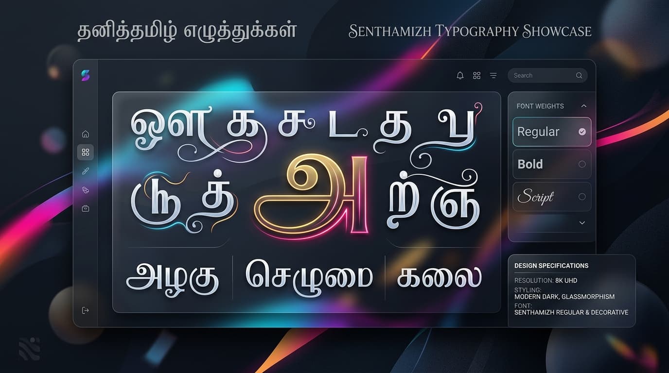 Stylish Senthamizh STMZH Tamil font letterforms used for decorative DTP titling