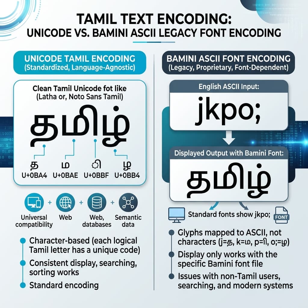 Tamil word thamizh shown as Unicode codepoints U+0BA4 U+0BAE U+0BBF U+0BB4 versus Bamini ASCII encoding comparison