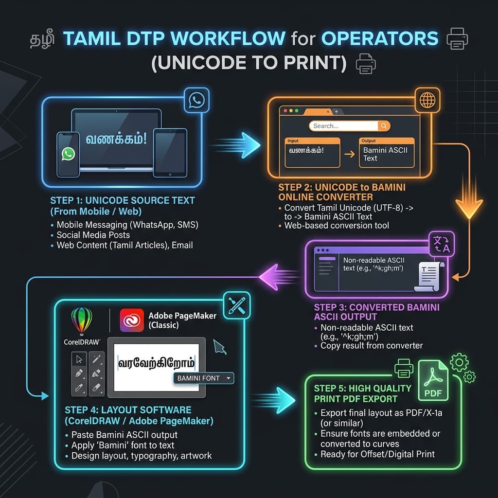 Unicode to Bamini conversion workflow diagram showing source text through converter to DTP software and print output