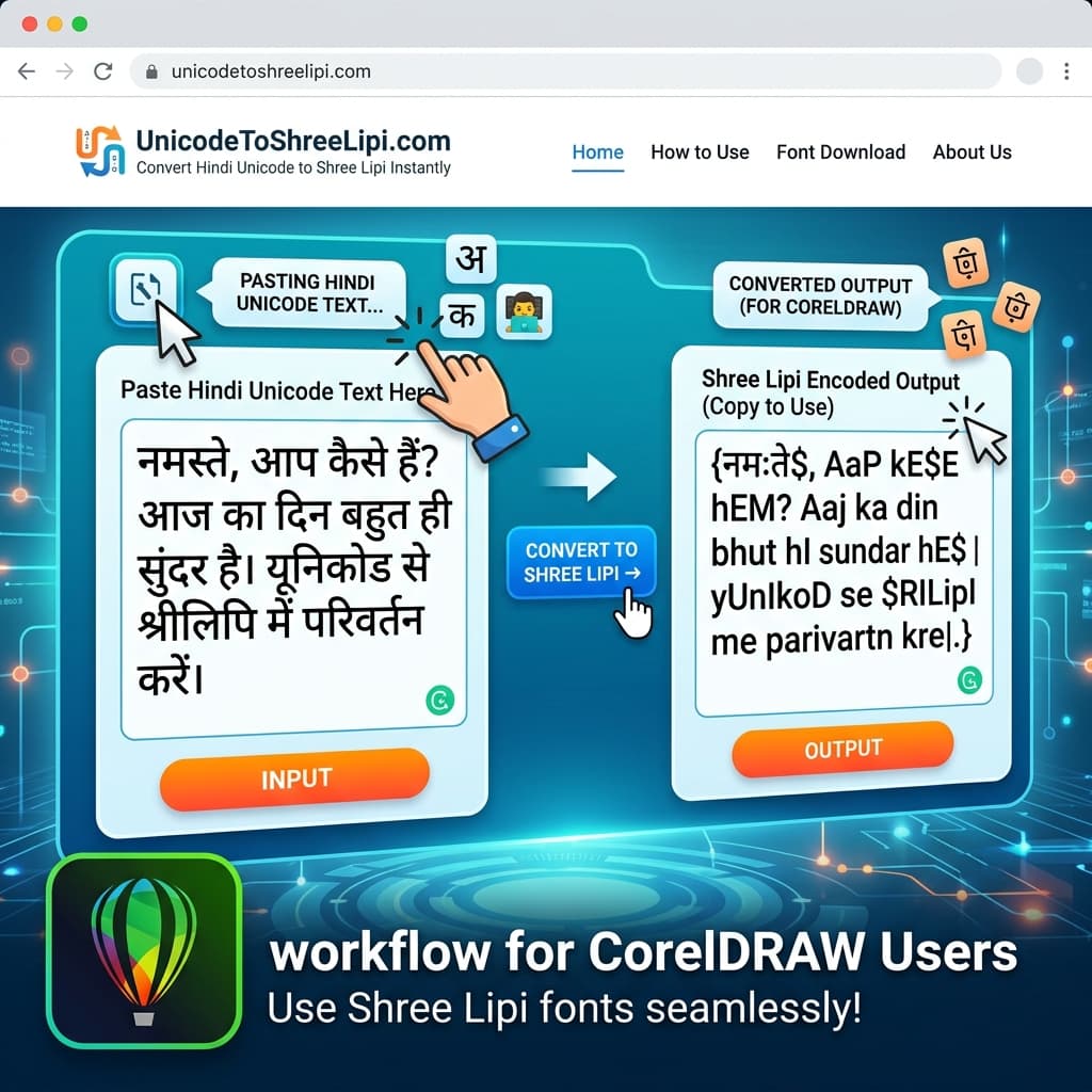 Unicode to Shree Lipi Converter on unicodetoshreelipi.com converting Hindi text for CorelDraw